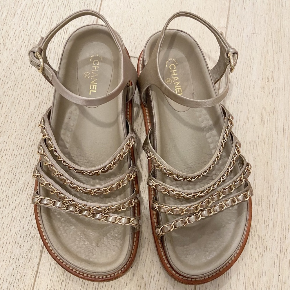 CHANEL satin chunky chain link dad sandal style size 38